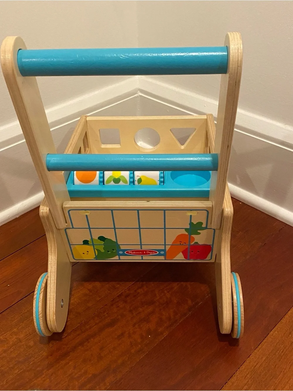Wooden Melissa & Doug Push Shopping Cart Walker in Natural and Blue for Kids